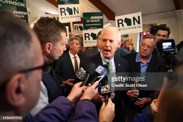Senator Ron Johnson speaks to reporters following a rally with supporters on October 25, 2022 in Waukesha, Wisconsin. Johnson is in a close race with...