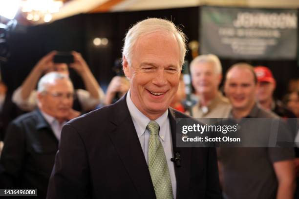 Senator Ron Johnson arrives a rally on October 25, 2022 in Waukesha, Wisconsin. Johnson is in a close race with Democratic contender Mandela Barnes...