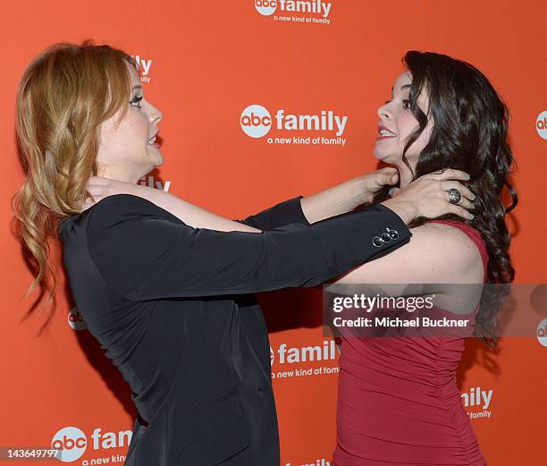 Actress Katie Leclerc and actress Vanessa Marano arrives at the ABC Family West Coast Upfronts party at The Sayers Club on May 1, 2012 in Hollywood,...