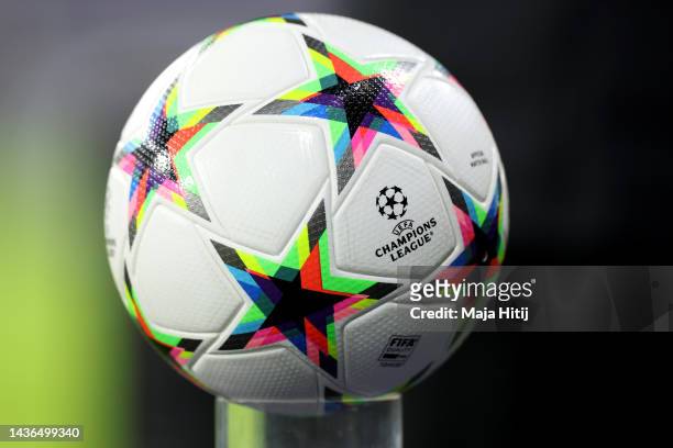 Detailed view of a UEFA Champions League match ball during the UEFA Champions League group F match between RB Leipzig and Real Madrid at Red Bull...