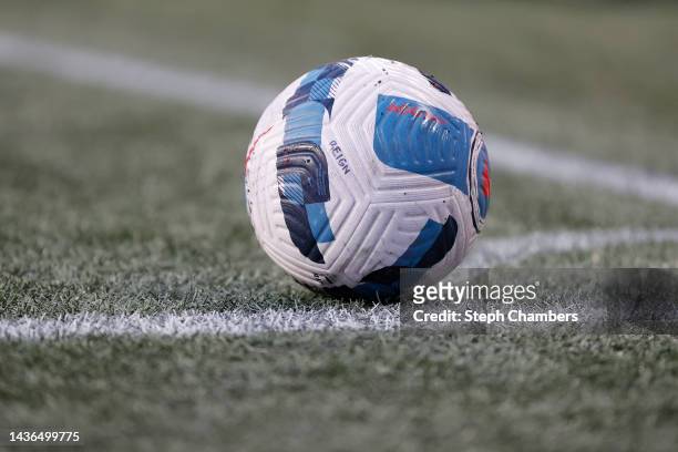 General view of a OL Reign soccer ball during the second half against the Kansas City Current in a NWSL semifinal match at Lumen Field on October 23,...