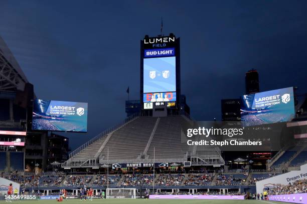 Boards read the largest standalone crowd in club history between the OL Reign and the Kansas City during the second half in a NWSL semifinal match at...