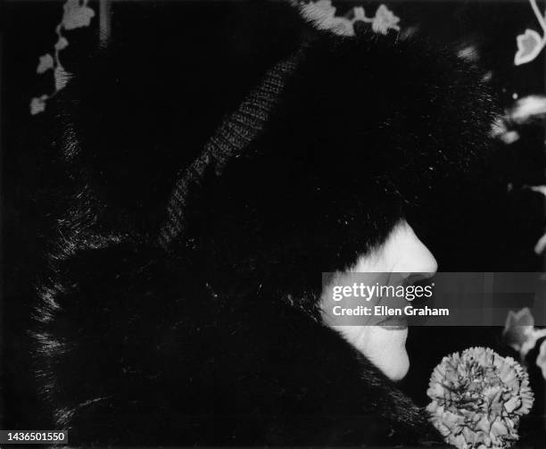 Profile portrait of American actor Gloria Swanson , her face partially obscured by a fur-trimmed hat, New York, New York, 1977.