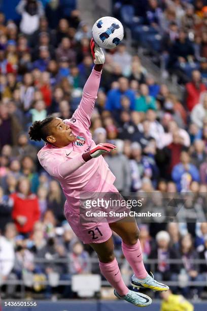 Adrianna Franch of Kansas City Current makes a save against the OL Reign during the second half in a NWSL semifinal match at Lumen Field on October...