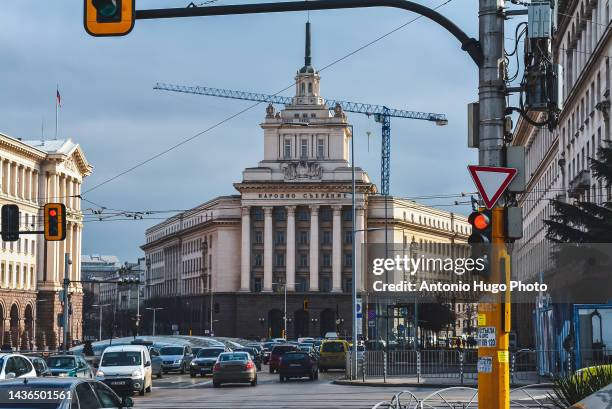 view of an avenue in sofia (bulgaria) on a cloudy day. - bulgaria fotografías e imágenes de stock