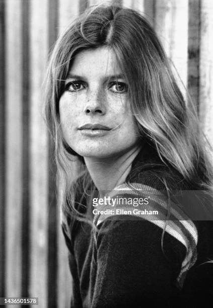 Portrait of American actor Katharine Ross as she poses at Trancas Beach, California, 1975.