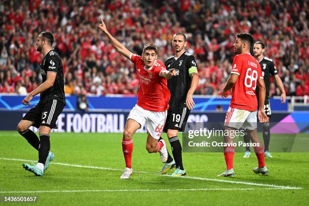 Antonio Silva of Benfica celebrates after scoring their team's first goal during the UEFA Champions League group H match between SL Benfica and...