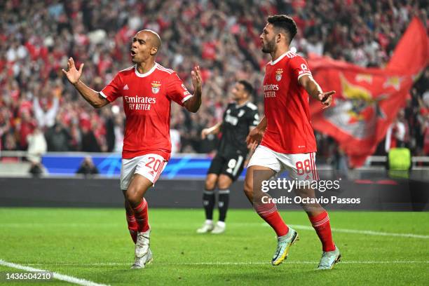 Joao Mario of Benfica celebrates after scoring their team's second goal from the penalty spot during the UEFA Champions League group H match between...