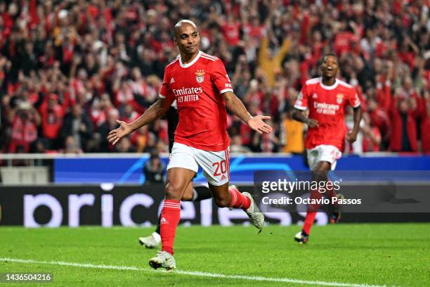 Joao Mario of Benfica celebrates after scoring their team's second goal from the penalty spot during the UEFA Champions League group H match between...