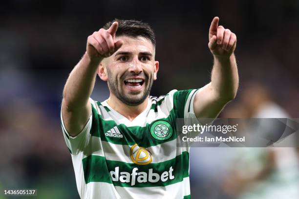 Greg Taylor celebrates after Giorgos Giakoumakis of Celtic scores their side's first goal during the UEFA Champions League group F match between...