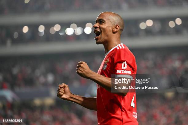 Joao Mario of Benfica celebrates after scoring their team's second goal during the UEFA Champions League group H match between SL Benfica and...