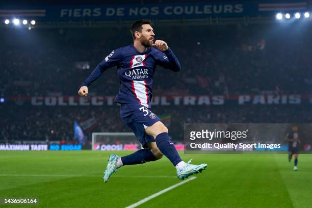Lionel Messi of Paris Saint-Germain celebrates after scoring his team's first goal the UEFA Champions League group H match between Paris...