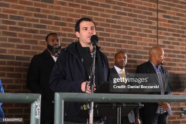 Senior Vice President of the Milwaukee Bucks Alex Lasry speaks to attendees at a stop during a march to get out the vote on the first day of early...