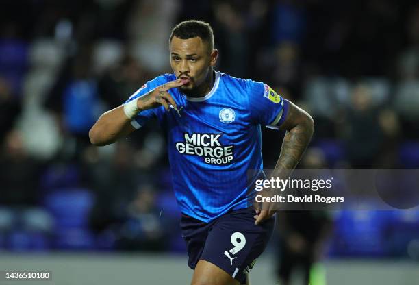 Jonson Clarke-Harris of Peterborough United celebrates after scoring their third goal during the Sky Bet League One between Peterborough United and...