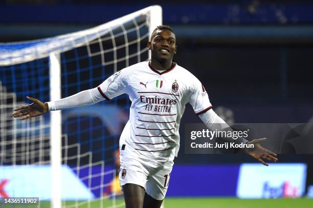Rafael Leao of AC Milan celebrates scoring their side's second goal during the UEFA Champions League group E match between Dinamo Zagreb and AC Milan...