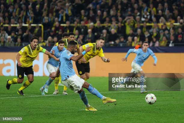 Riyad Mahrez of Manchester City misses a penalty during the UEFA Champions League group G match between Borussia Dortmund and Manchester City at...