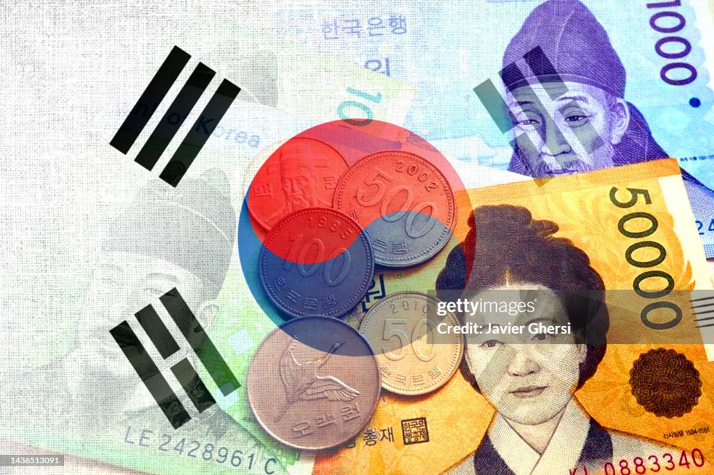 South Korean flag, and South Korean Won cash bills and coins