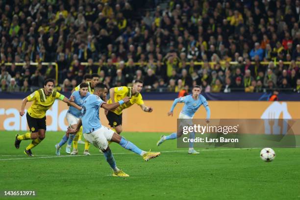 Riyad Mahrez of Manchester City misses a penalty during the UEFA Champions League group G match between Borussia Dortmund and Manchester City at...