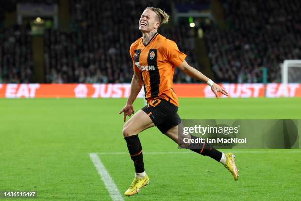 Mykhaylo Mudryk of Shakhtar Donetsk celebrates scoring their side's first goal during the UEFA Champions League group F match between Celtic FC and...