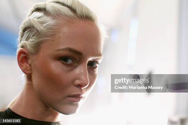 Model poses backstage ahead of the Oroton show on day three of Mercedes-Benz Fashion Week Australia Spring/Summer 2012/13 at Overseas Passenger...