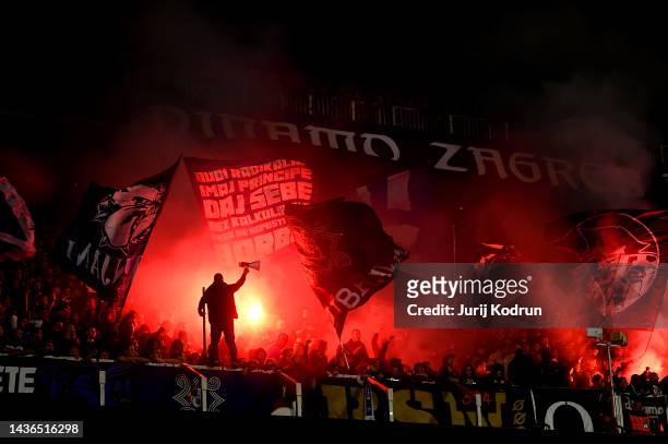 General view as fans of Dinamo Zagreb use smoke flares during the UEFA Champions League group E match between Dinamo Zagreb and AC Milan at Stadion...
