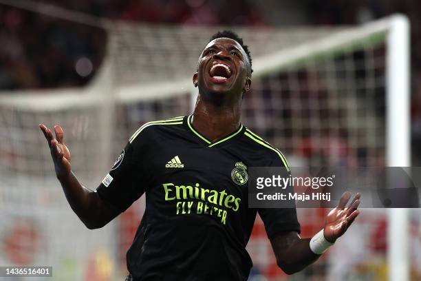 Vinicius Junior of Real Madrid reacts during the UEFA Champions League group F match between RB Leipzig and Real Madrid at Red Bull Arena on October...
