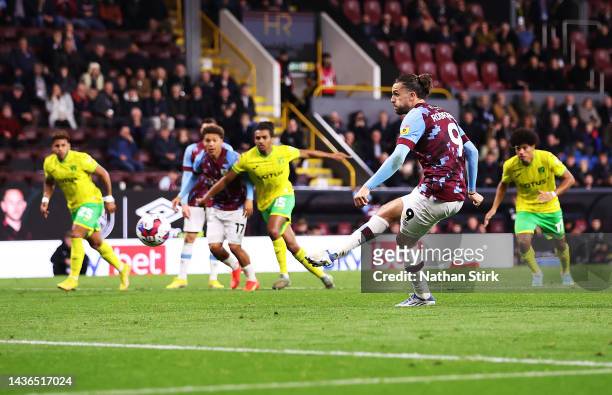 Jay Rodriguez of Burnley scores a penalty goal during the Sky Bet Championship between Burnley and Norwich City at Turf Moor on October 25, 2022 in...