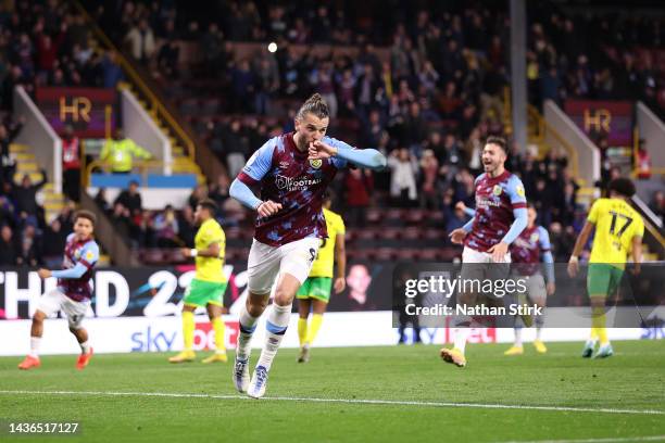 Jay Rodriguez of Burnley celebrates after scoring a penalty goal during the Sky Bet Championship between Burnley and Norwich City at Turf Moor on...