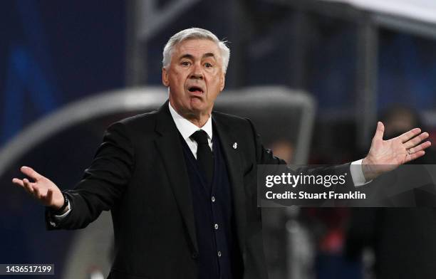 Carlo Ancelotti, Head Coach of Real Madrid reacts during the UEFA Champions League group F match between RB Leipzig and Real Madrid at Red Bull Arena...