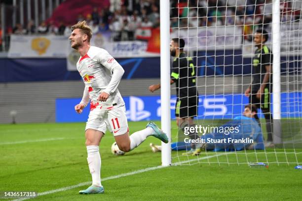 Timo Werner of RB Leipzig celebrates scoring their side's third goal during the UEFA Champions League group F match between RB Leipzig and Real...