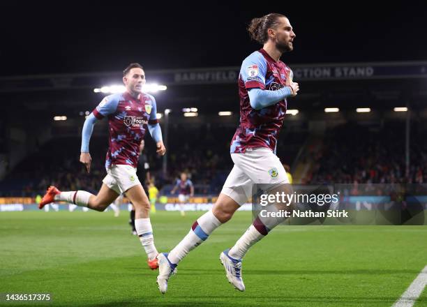 Jay Rodriguez of Burnley celebrates after scoring a penalty goal during the Sky Bet Championship between Burnley and Norwich City at Turf Moor on...