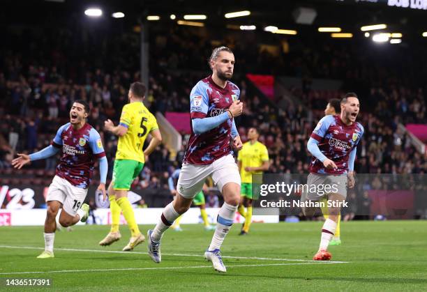 Jay Rodriguez of Burnley celebrates after scoring a penalty goal during the Sky Bet Championship between Burnley and Norwich City at Turf Moor on...