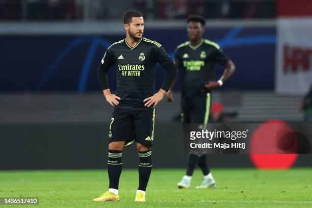 Eden Hazard of Real Madrid looks on during the UEFA Champions League group F match between RB Leipzig and Real Madrid at Red Bull Arena on October...
