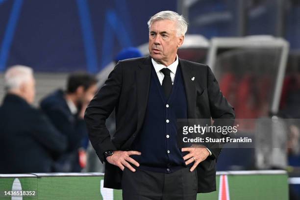 Carlo Ancelotti, Head Coach of Real Madrid looks on during the UEFA Champions League group F match between RB Leipzig and Real Madrid at Red Bull...