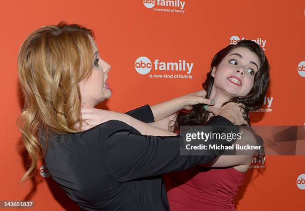 Actress Katie Leclerc and actress Vanessa Marano arrives at the ABC Family West Coast Upfronts party at The Sayers Club on May 1, 2012 in Hollywood,...