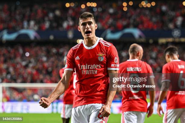 Antonio Silva of Benfica celebrates after scoring their team's first goal during the UEFA Champions League group H match between SL Benfica and...