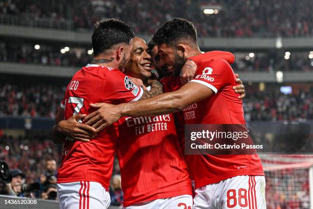 Joao Mario of Benfica celebrates after scoring their team's second goal from the penalty spot during the UEFA Champions League group H match between...