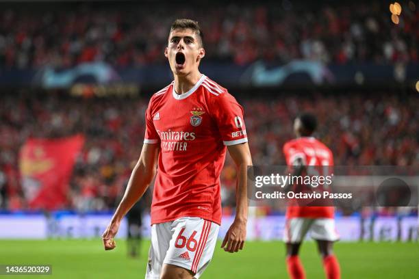 Antonio Silva of Benfica celebrates after scoring their team's first goal during the UEFA Champions League group H match between SL Benfica and...