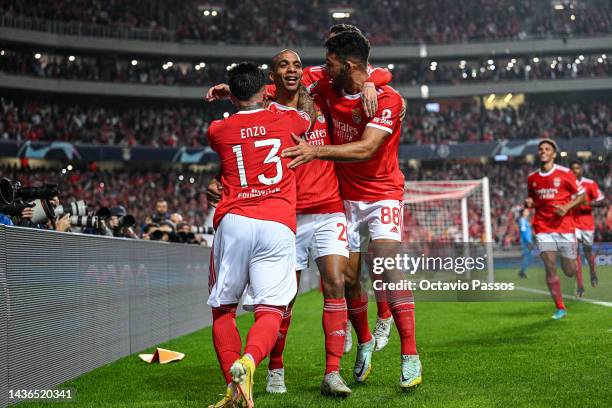 Joao Mario of Benfica celebrates after scoring their team's second goal from the penalty spot during the UEFA Champions League group H match between...