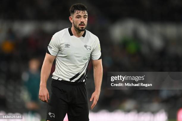 Eiran Cashin of Derby looks on during the Sky Bet League One between Derby County and Exeter City at Pride Park Stadium on October 25, 2022 in Derby,...