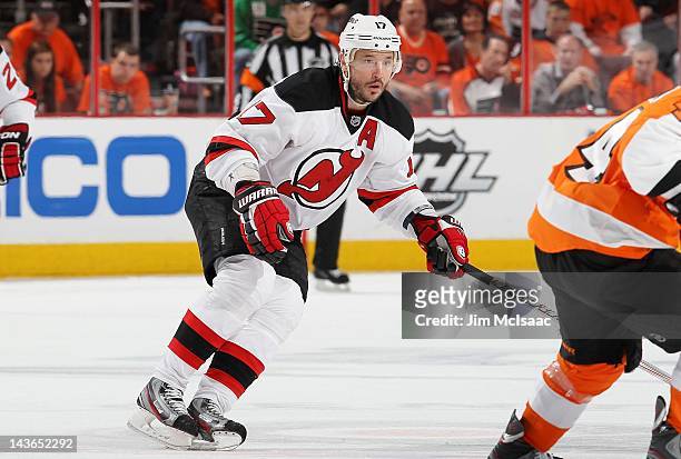 Ilya Kovalchuk of the New Jersey Devils in action against the Philadelphia Flyers in Game One of the Eastern Conference Semifinals during the 2012...