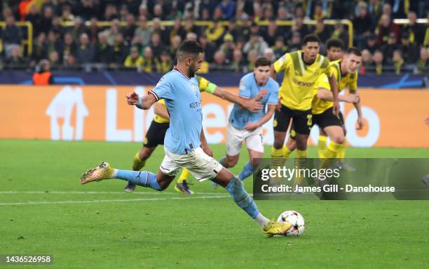 Riyad Mahrez of Manchester City misses a penalty during the UEFA Champions League group G match between Borussia Dortmund and Manchester City at...