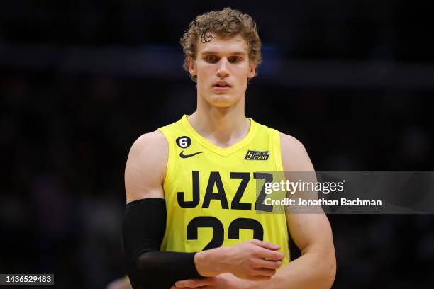 Lauri Markkanen of the Utah Jazz reacts against the New Orleans Pelicans during a game at the Smoothie King Center on October 23, 2022 in New...