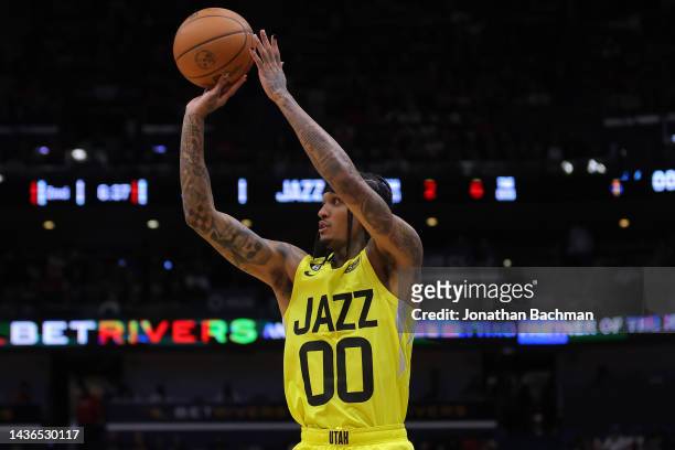 Jordan Clarkson of the Utah Jazz shoots against the New Orleans Pelicans during a game at the Smoothie King Center on October 23, 2022 in New...