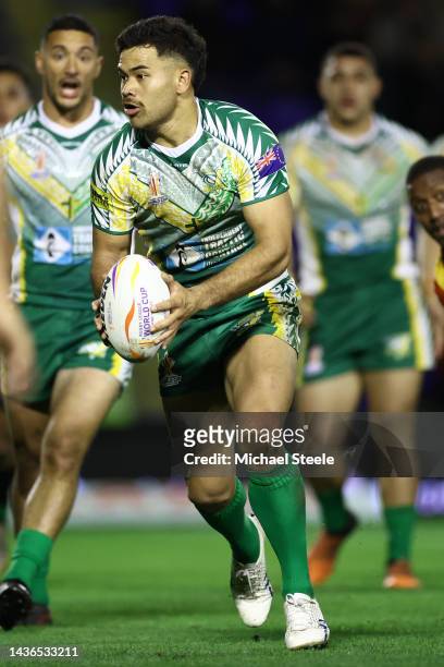 Esan Marsters of Cook Islands during Rugby League World Cup 2021 Pool D match between Papua New Guinea and Cook Islands at The Halliwell Jones...