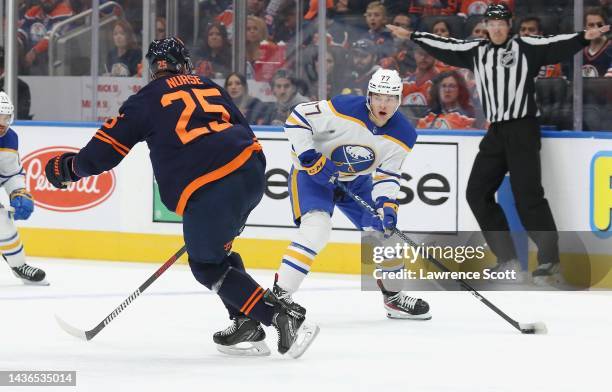 Paterka of the Buffalo Sabres looks for an open man against the Edmonton Oilers on October 18, 2022 at Rogers Place in Edmonton, Alberta, Canada.