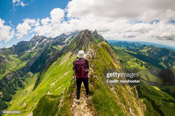 alpstein portrait of female hiker at altenalp turm - mountain ridge stock pictures, royalty-free photos & images