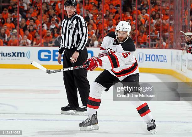 Andy Greene of the New Jersey Devils in action against the Philadelphia Flyers in Game One of the Eastern Conference Semifinals during the 2012 NHL...