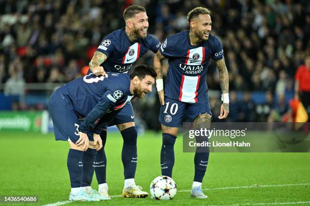 Lionel Messi, Sergio Ramos and Neymar Jr during the UEFA Champions League group H match between Paris Saint-Germain and Maccabi Haifa FC at Parc des...