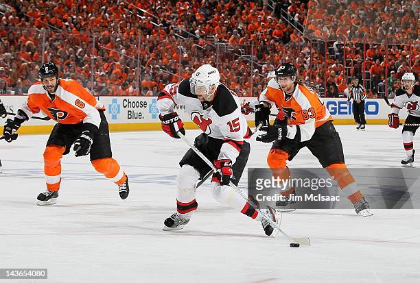 Petr Sykora of the New Jersey Devils in action against Jakub Voracek of the Philadelphia Flyers in Game One of the Eastern Conference Semifinals...